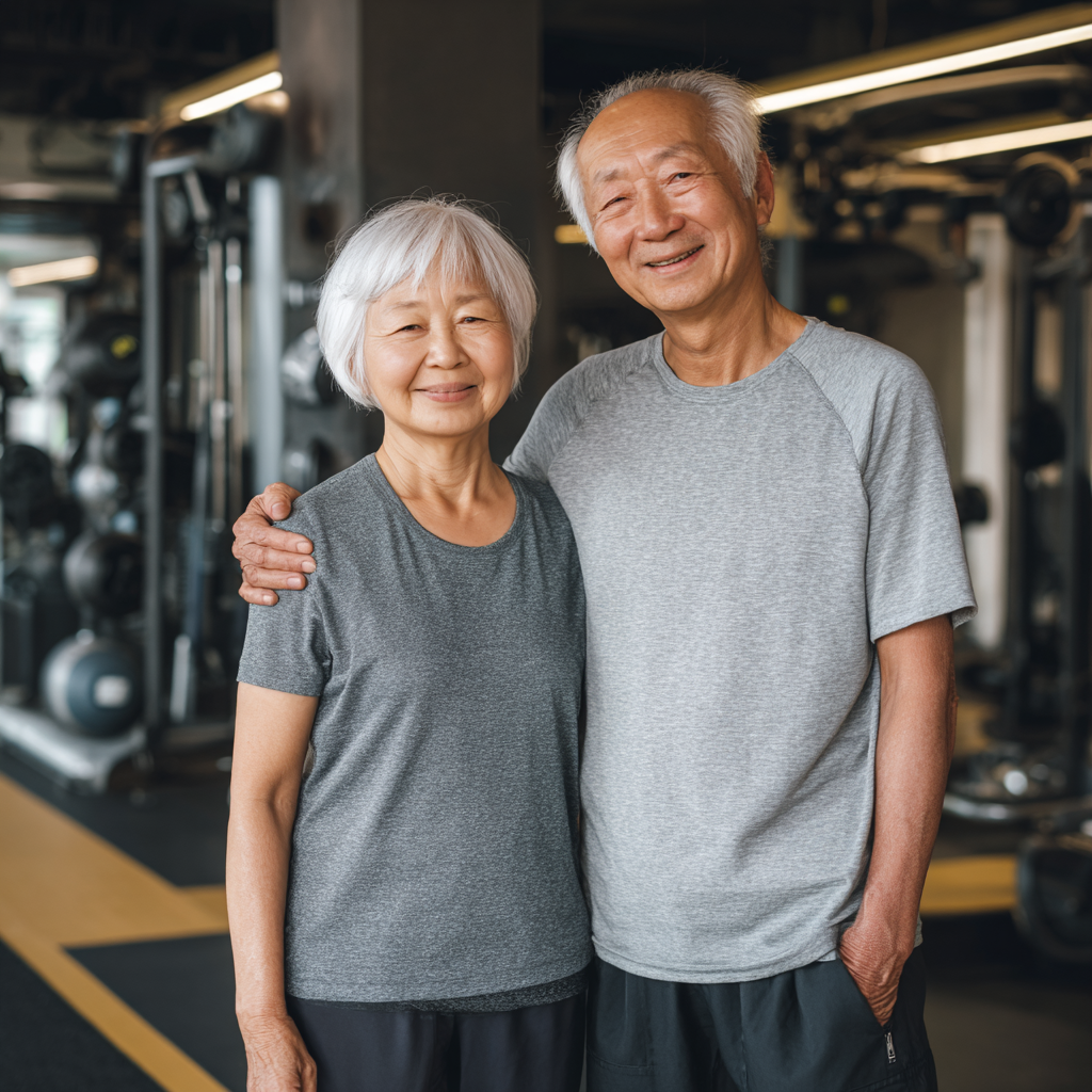 Счастливая европейская женщина в возрасте 45-55 лет демонстрирует результаты тренировок в спортивной одежде